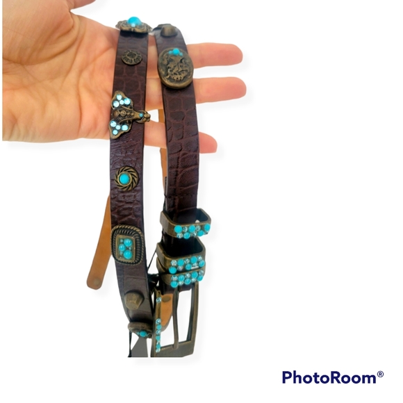 Brown leather embellished studded boho bohemian belt size M - Picture 2 of 12